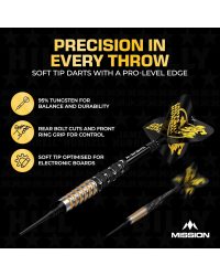 Mission James Hurrell Darts - Soft Tip - 95% Tungsten - V2 - Black PVD & Yellow 20 gr